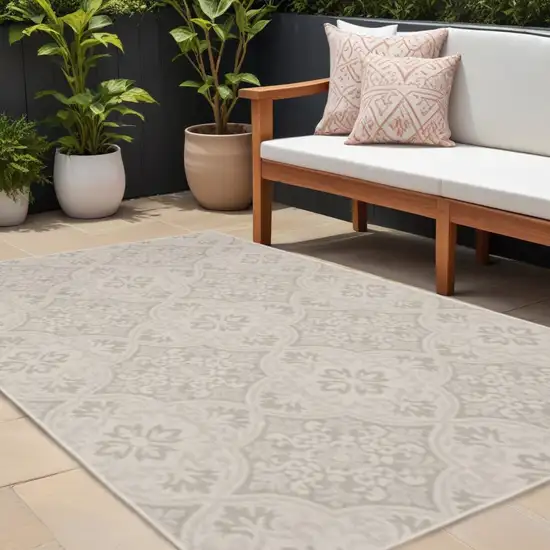 Gray and Ivory Floral Stain Resistant Indoor Outdoor Area Rug Photo 1
