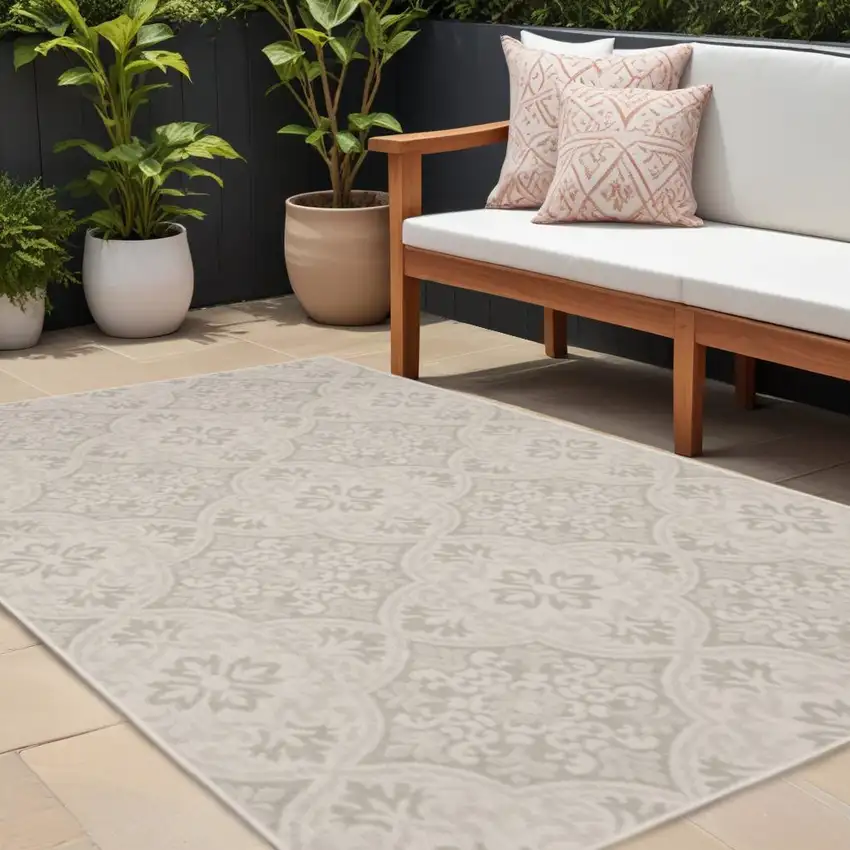 Gray and Ivory Floral Stain Resistant Indoor Outdoor Area Rug Photo 1