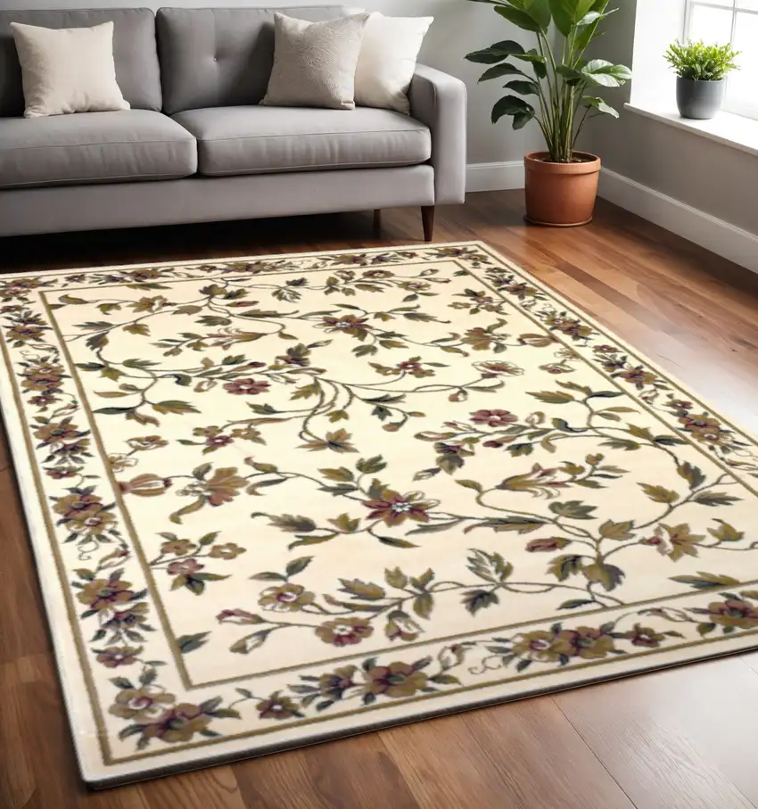 Ivory Green And Red Floral Vines Area Rug Photo 1