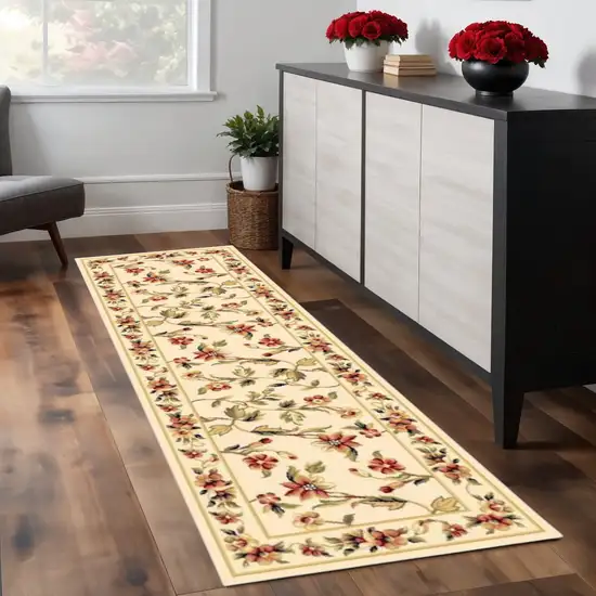 8' Ivory Green and Red Floral Vines Runner Rug Photo 1