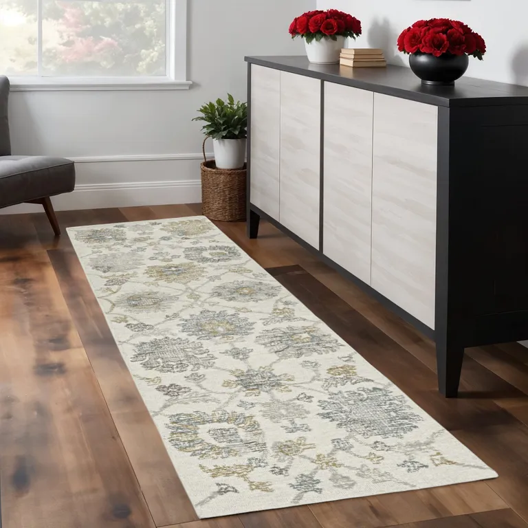Ivory Floral Vine Wool Runner Rug Photo 5