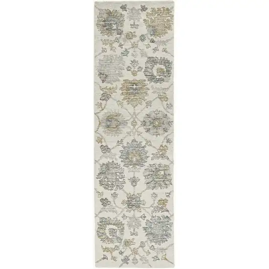 8' Ivory Gray And Green Wool Floral Hand Tufted Runner Rug Photo 2