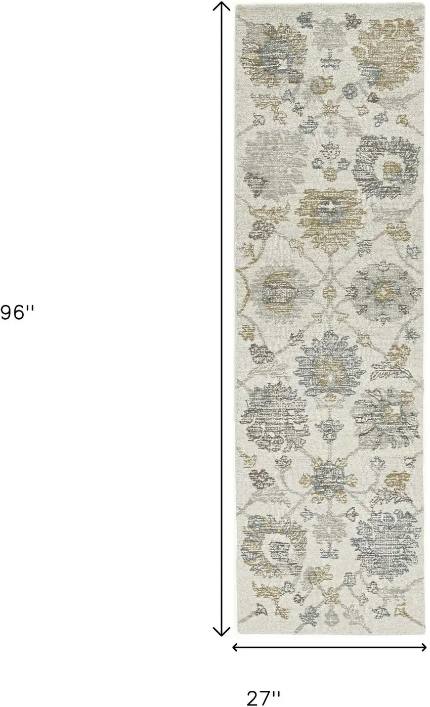 8' Ivory Gray And Green Wool Floral Hand Tufted Runner Rug Photo 3