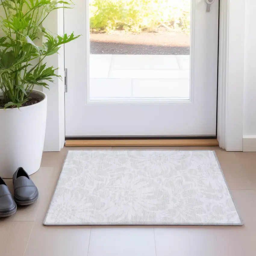 Ivory Floral Washable Non Skid Indoor Outdoor Area Rug Photo 9