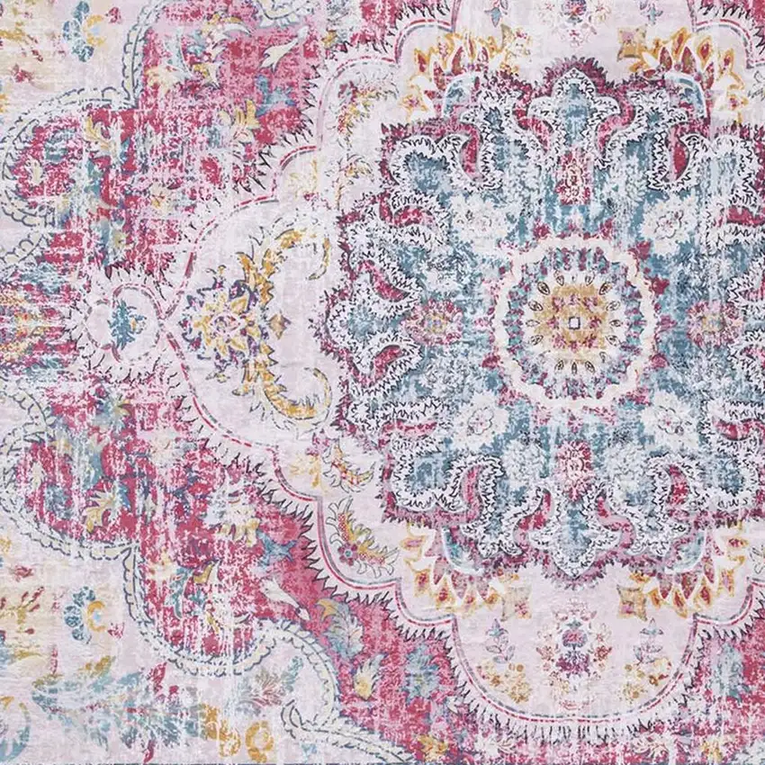 Ivory Fuchsia And Blue Medallion Distressed Washable Area Rug Photo 3