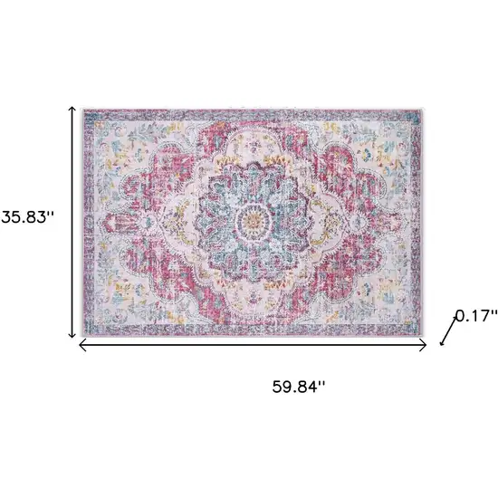 Ivory Fuchsia And Blue Medallion Distressed Washable Area Rug Photo 9