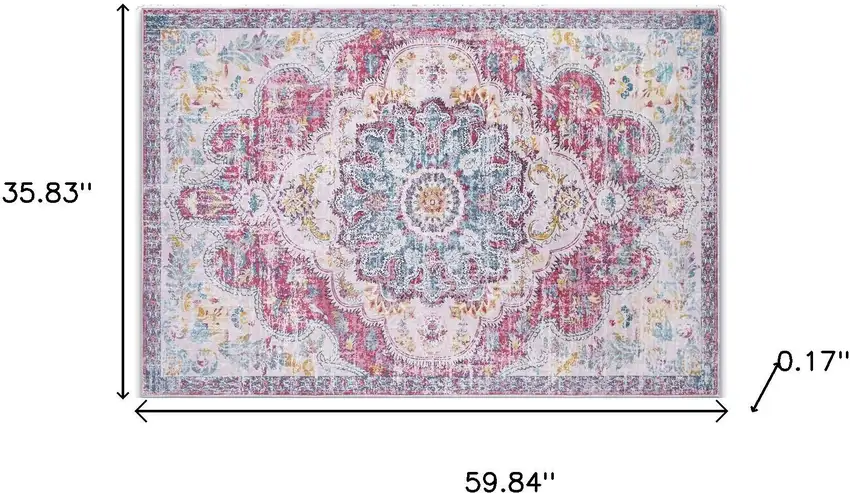 Ivory Fuchsia And Blue Medallion Distressed Washable Area Rug Photo 9