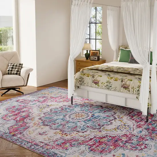 Ivory Fuchsia And Blue Medallion Distressed Washable Area Rug Photo 5