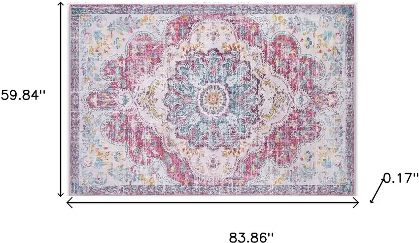 Ivory Fuchsia And Blue Medallion Distressed Washable Area Rug Photo 9