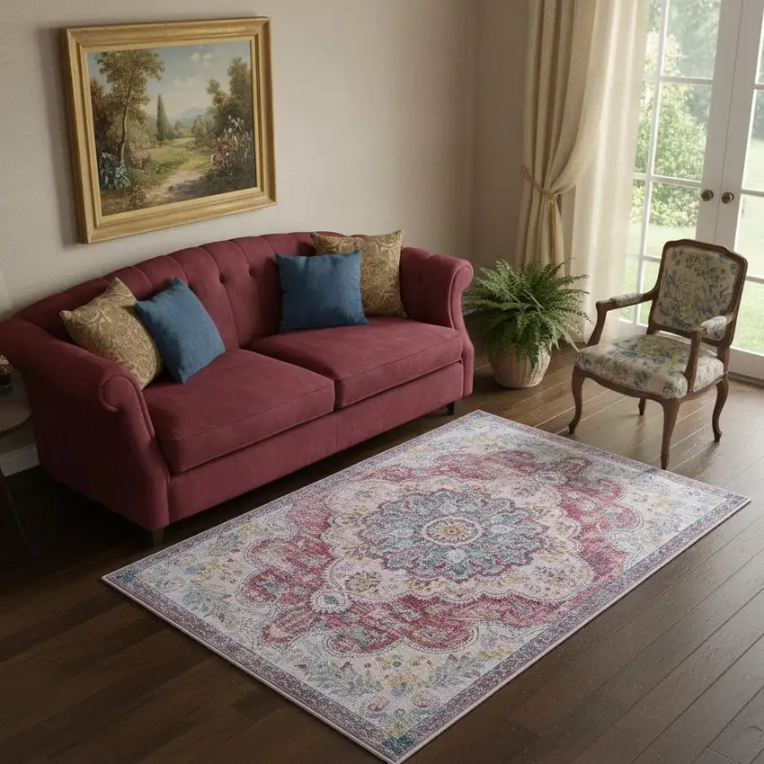 Ivory Fuchsia And Blue Medallion Distressed Washable Area Rug Photo 1