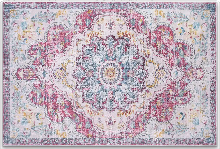 Ivory Fuchsia And Blue Medallion Distressed Washable Area Rug Photo 2