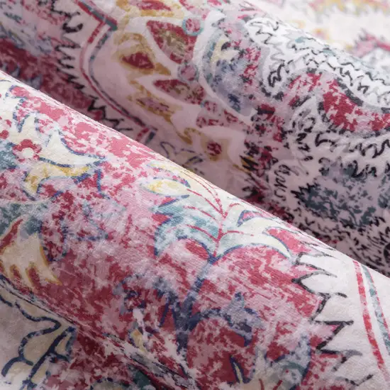 Ivory Fuchsia And Blue Medallion Distressed Washable Area Rug Photo 8