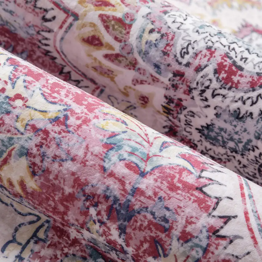 Ivory Fuchsia And Blue Medallion Distressed Washable Area Rug Photo 8