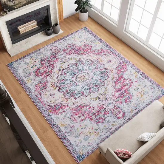 Ivory Fuchsia And Blue Medallion Distressed Washable Area Rug Photo 6