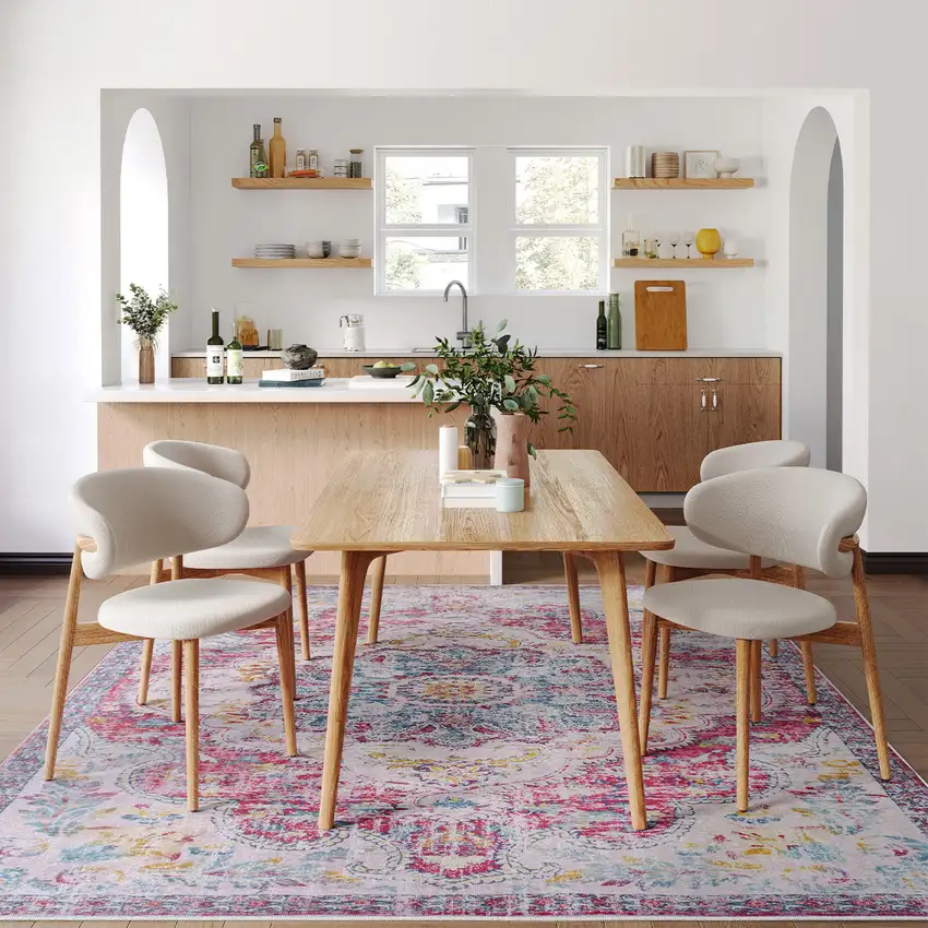 Ivory Fuchsia And Blue Medallion Distressed Washable Area Rug Photo 5