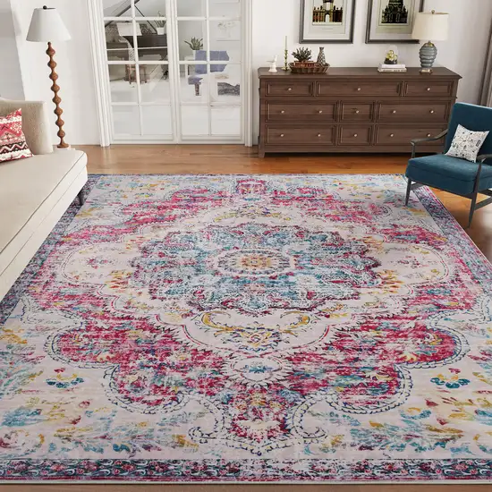 Ivory Fuchsia And Blue Medallion Distressed Washable Area Rug Photo 7