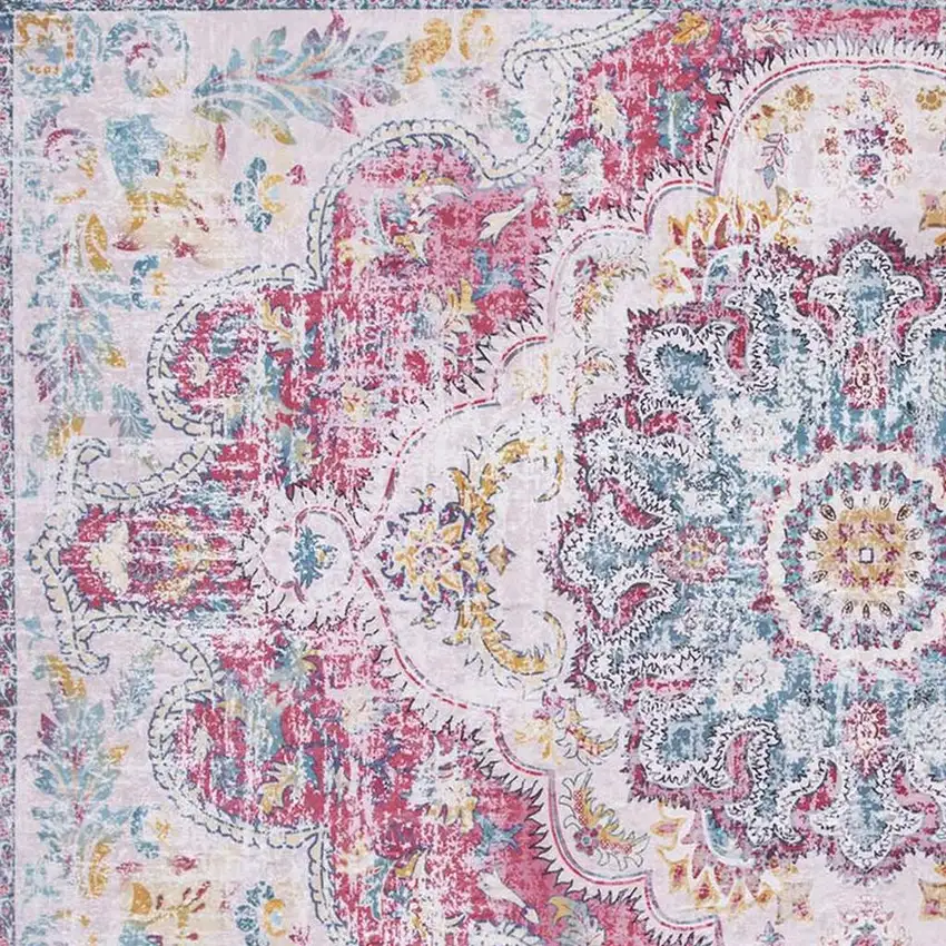 Ivory Fuchsia And Blue Medallion Distressed Washable Area Rug Photo 3