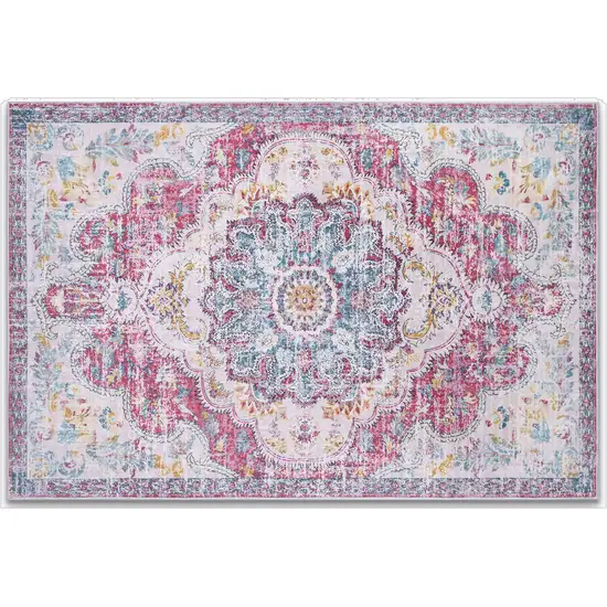 Ivory Fuchsia And Teal Medallion Distressed Washable Area Rug Photo 2