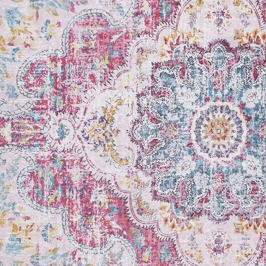 Ivory Fuchsia And Teal Medallion Distressed Washable Area Rug Photo 4