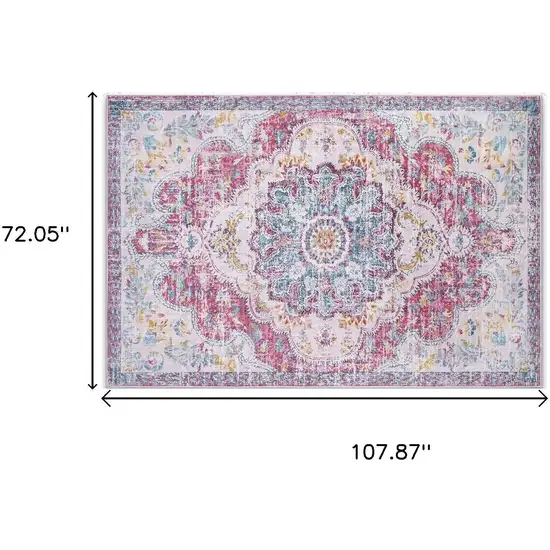 Ivory Fuchsia And Teal Medallion Distressed Washable Area Rug Photo 3