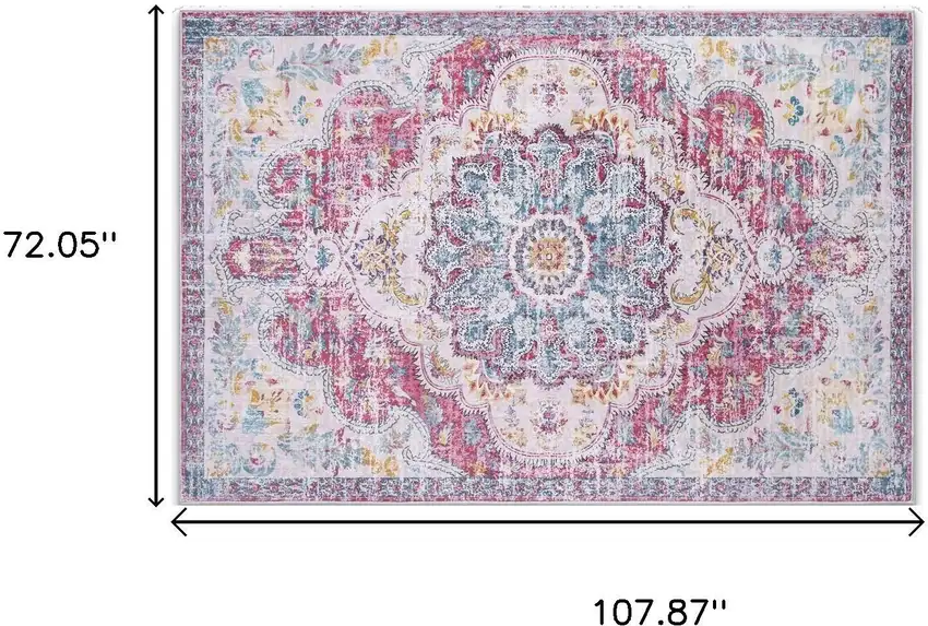 Ivory Fuchsia And Teal Medallion Distressed Washable Area Rug Photo 3