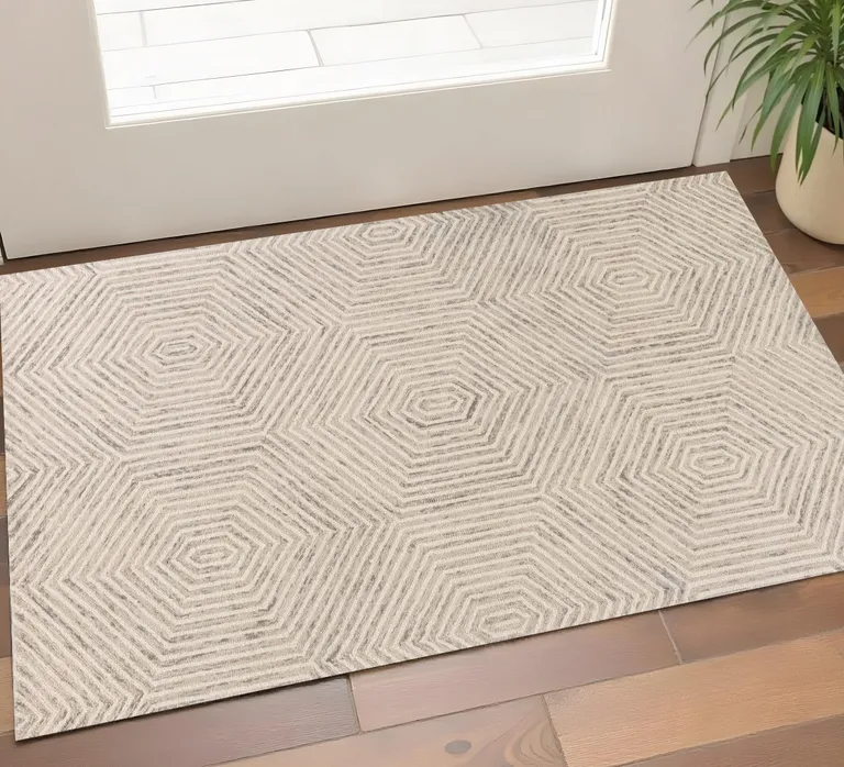 Ivory Geometric Hexagon Wool Area Rug Photo 1