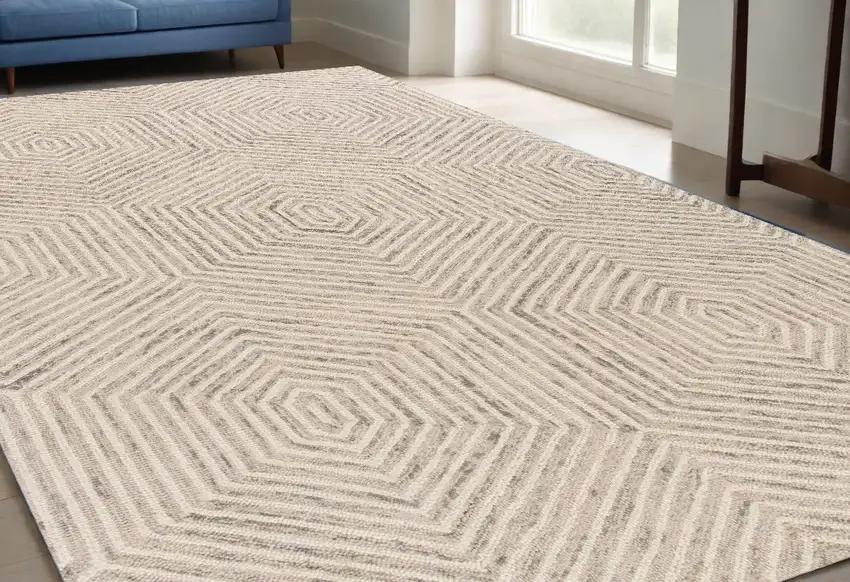 Ivory Geometric Hexagon Wool Indoor Area Rug Photo 1