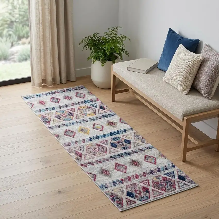 6' Ivory Blue and Orange Geometric Power Loom Runner Rug Photo 1