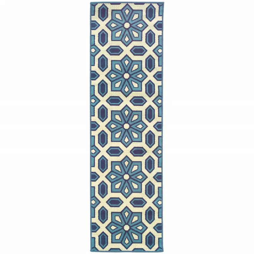 Ivory Geometric Stain Resistant Indoor Outdoor Area Rug Photo 1