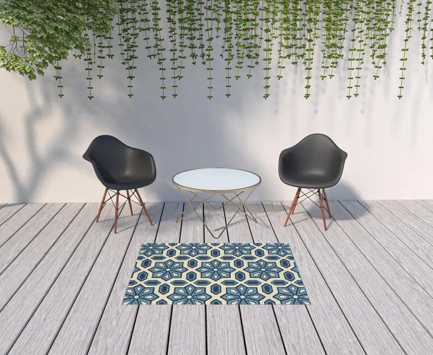 Ivory Geometric Stain Resistant Indoor Outdoor Area Rug Photo 2