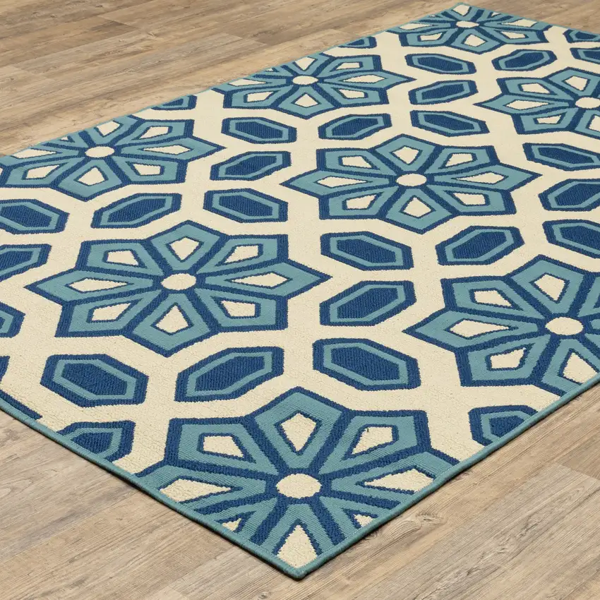 Ivory Geometric Stain Resistant Indoor Outdoor Area Rug Photo 6