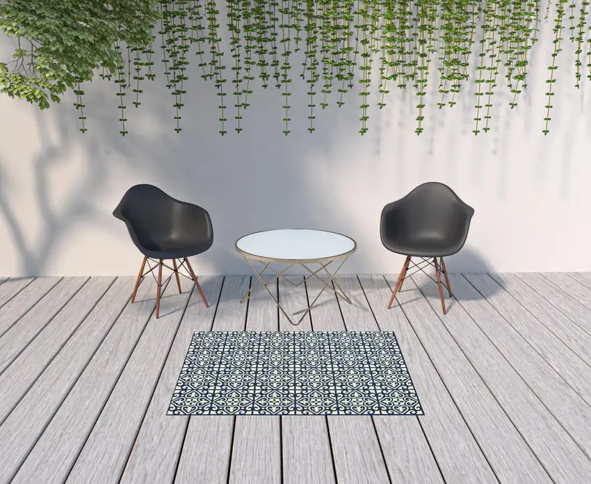 Ivory Geometric Stain Resistant Indoor Outdoor Area Rug Photo 2