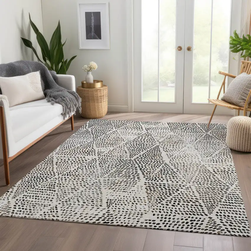 Ivory Geometric Washable Non Skid Indoor Outdoor Area Rug Photo 7