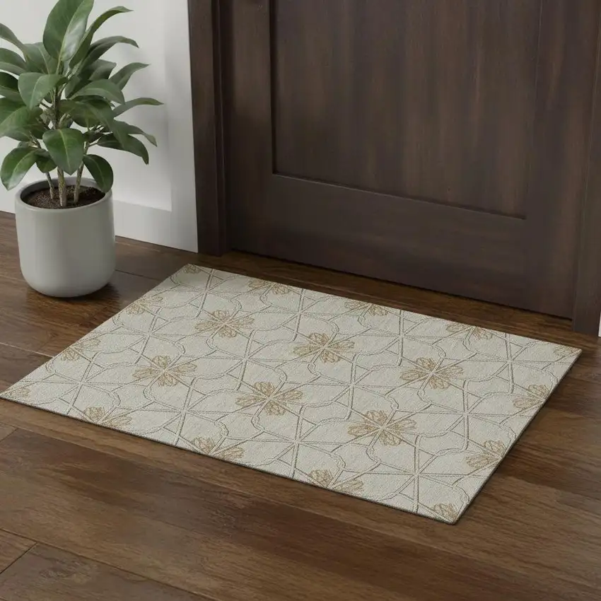 Ivory Gold And Beige Geometric Washable Area Rug With UV Protection Photo 1