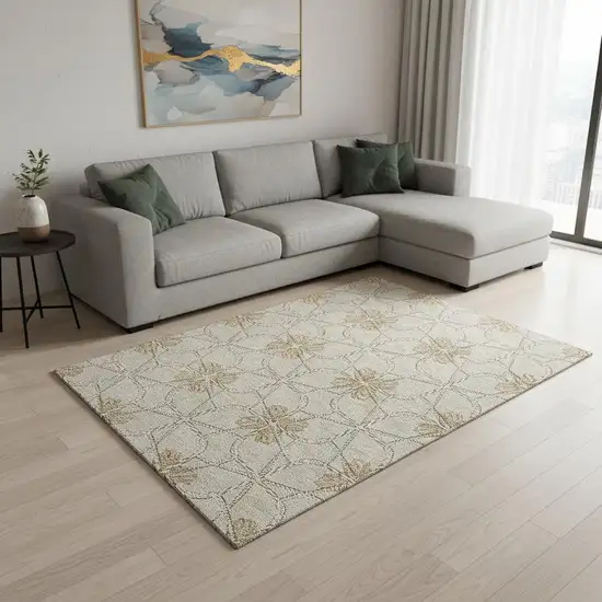 Ivory Gold And Beige Geometric Washable Area Rug With UV Protection Photo 2