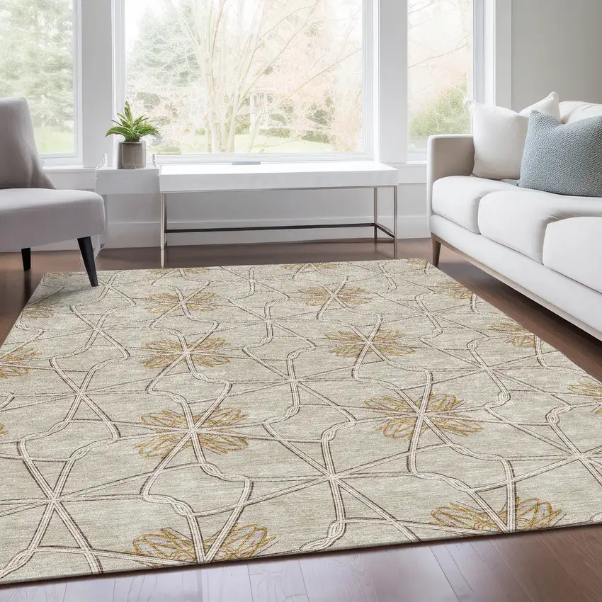 Ivory Gold And Beige Geometric Washable Area Rug With UV Protection Photo 5