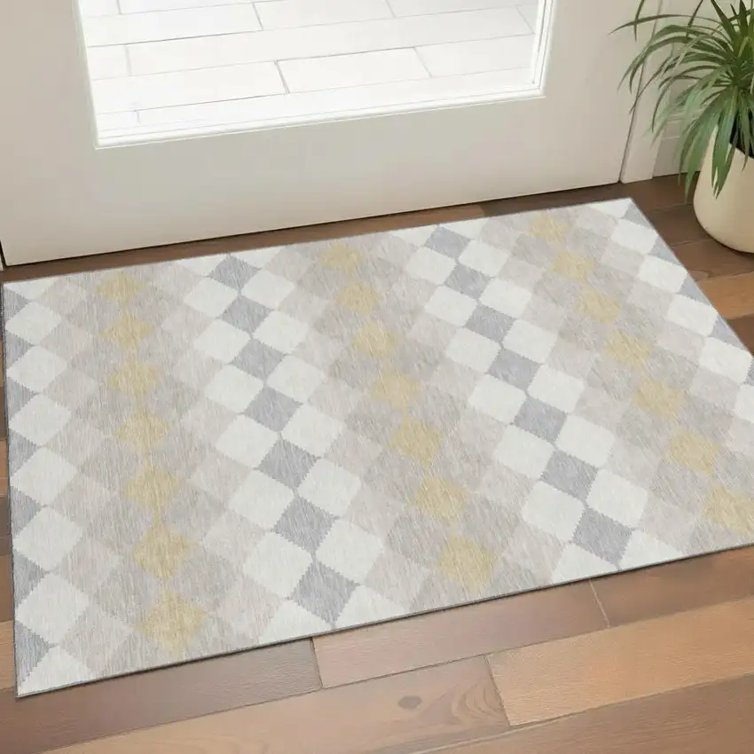 Ivory Gold And Beige Geometric Washable Area Rug With UV Protection Photo 1