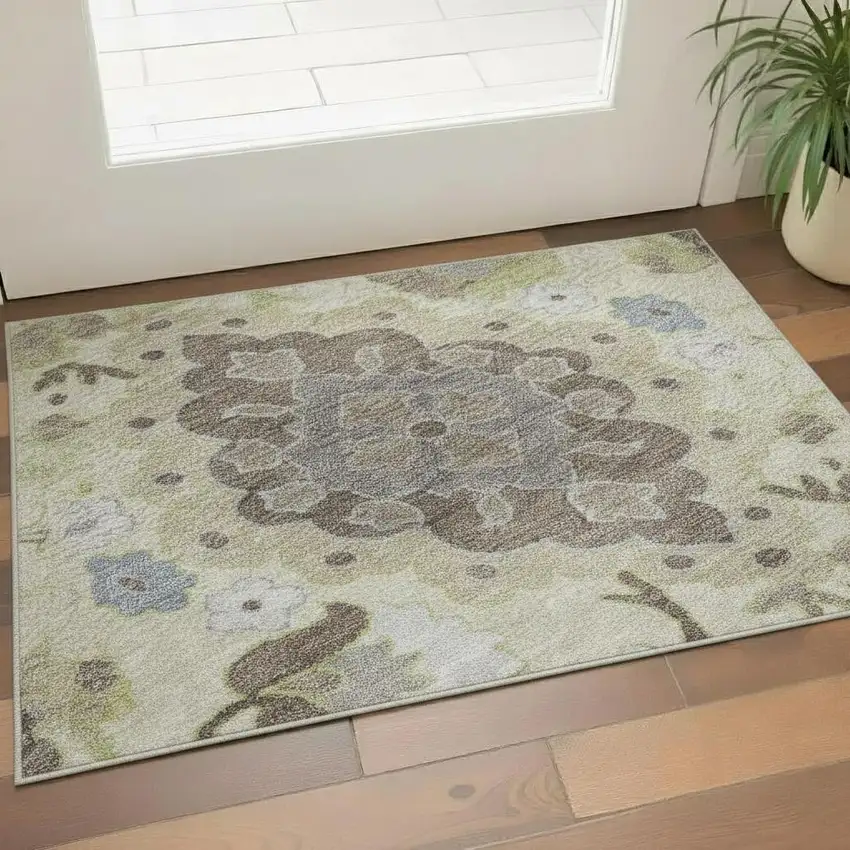 Ivory Gold And Beige Oriental Washable Area Rug With UV Protection Photo 2