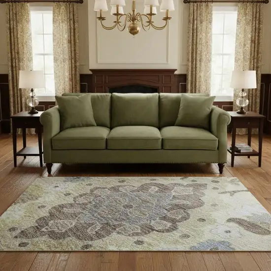 Ivory Gold And Beige Oriental Washable Area Rug With UV Protection Photo 2