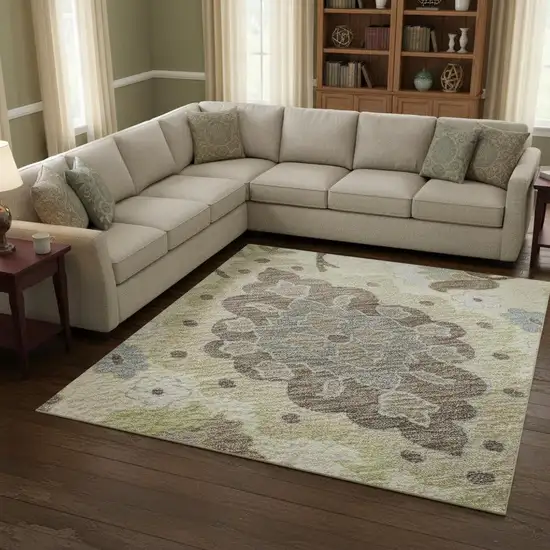 Ivory Gold And Beige Oriental Washable Area Rug With UV Protection Photo 2