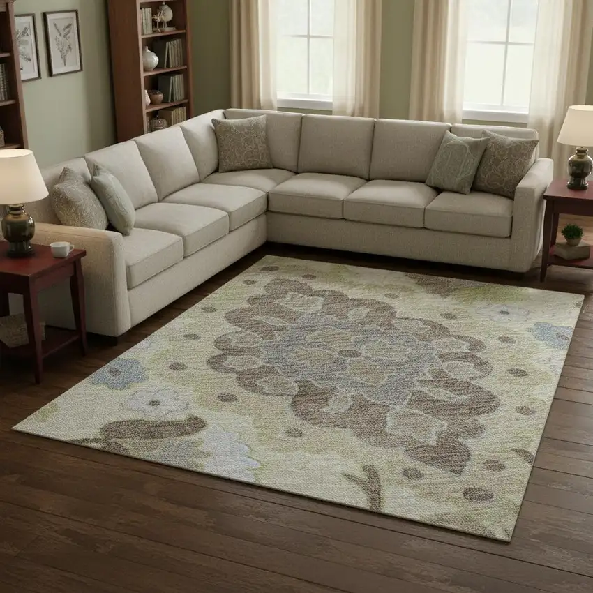 Ivory Gold And Beige Oriental Washable Area Rug With UV Protection Photo 2