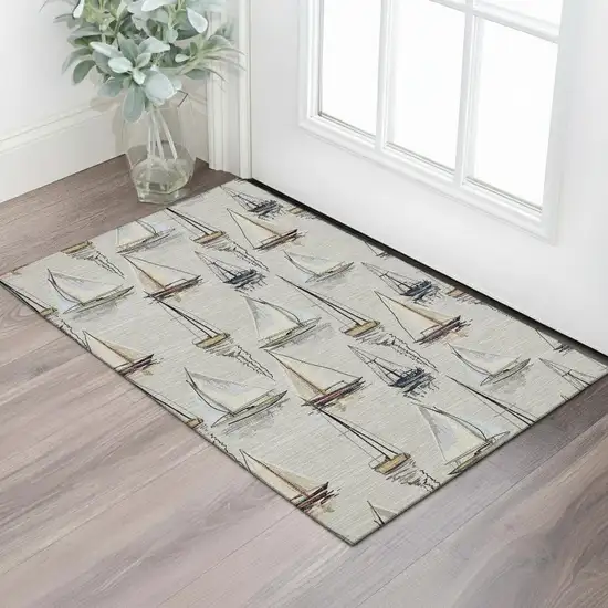 Ivory Gold And Black Nautical Washable Area Rug With UV Protection Photo 1