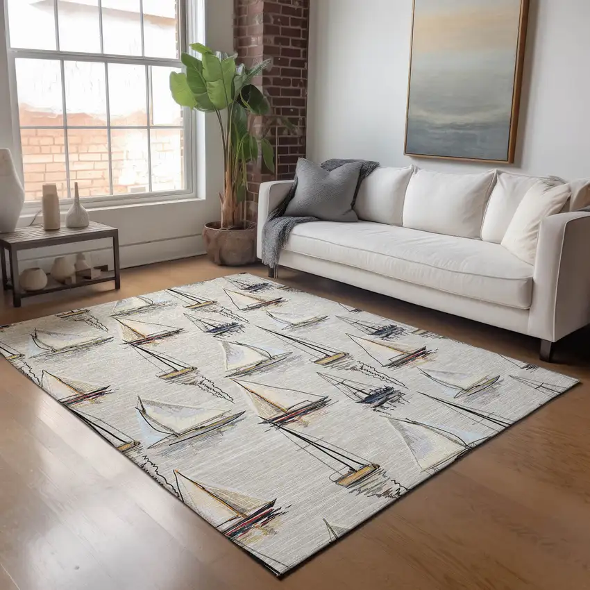 Ivory Gold And Black Nautical Washable Area Rug With UV Protection Photo 6