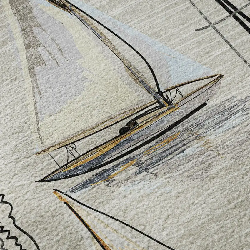 Ivory Gold And Black Nautical Washable Area Rug With UV Protection Photo 8