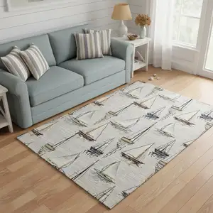 Photo of Ivory Gold And Black Nautical Washable Area Rug With UV Protection