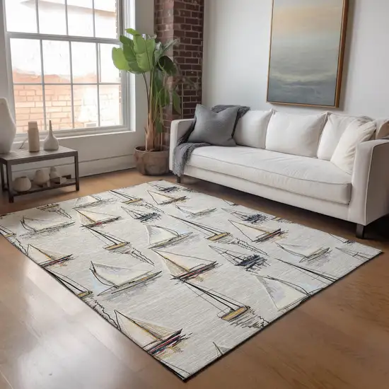 Ivory Gold And Black Nautical Washable Area Rug With UV Protection Photo 6