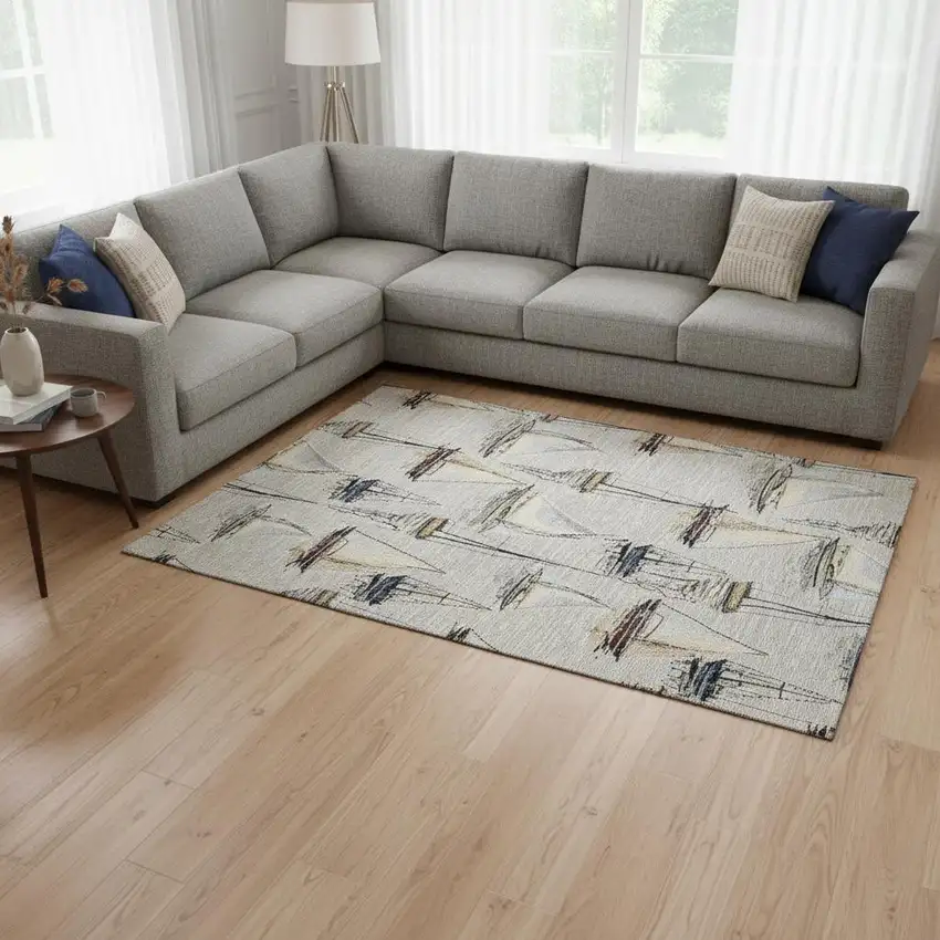 Ivory Gold And Black Nautical Washable Area Rug With UV Protection Photo 1