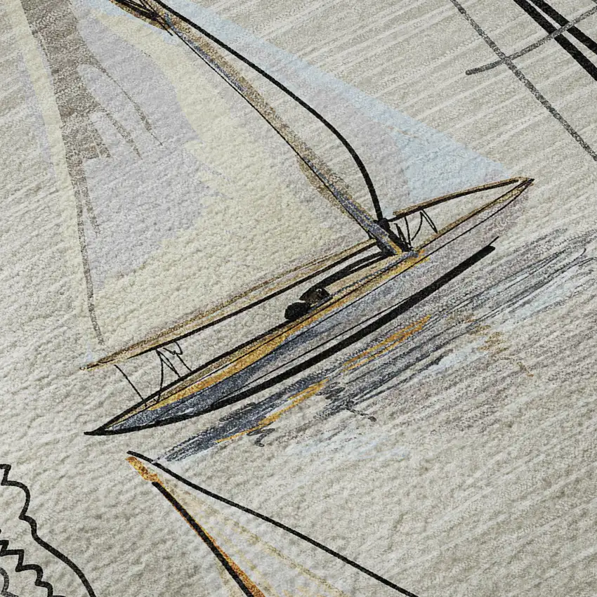 Ivory Gold And Black Nautical Washable Area Rug With UV Protection Photo 9