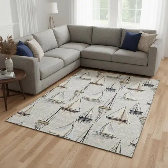 Ivory Gold And Black Nautical Washable Area Rug With UV Protection Photo 1