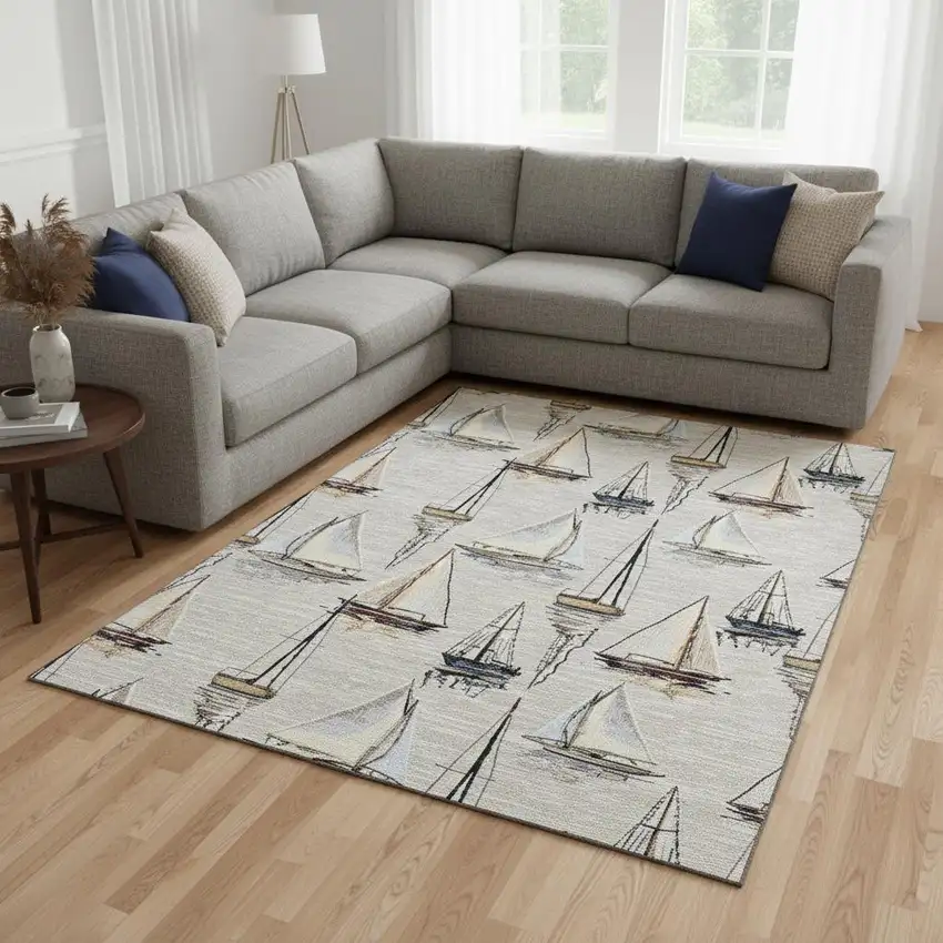 Ivory Gold And Black Nautical Washable Area Rug With UV Protection Photo 1